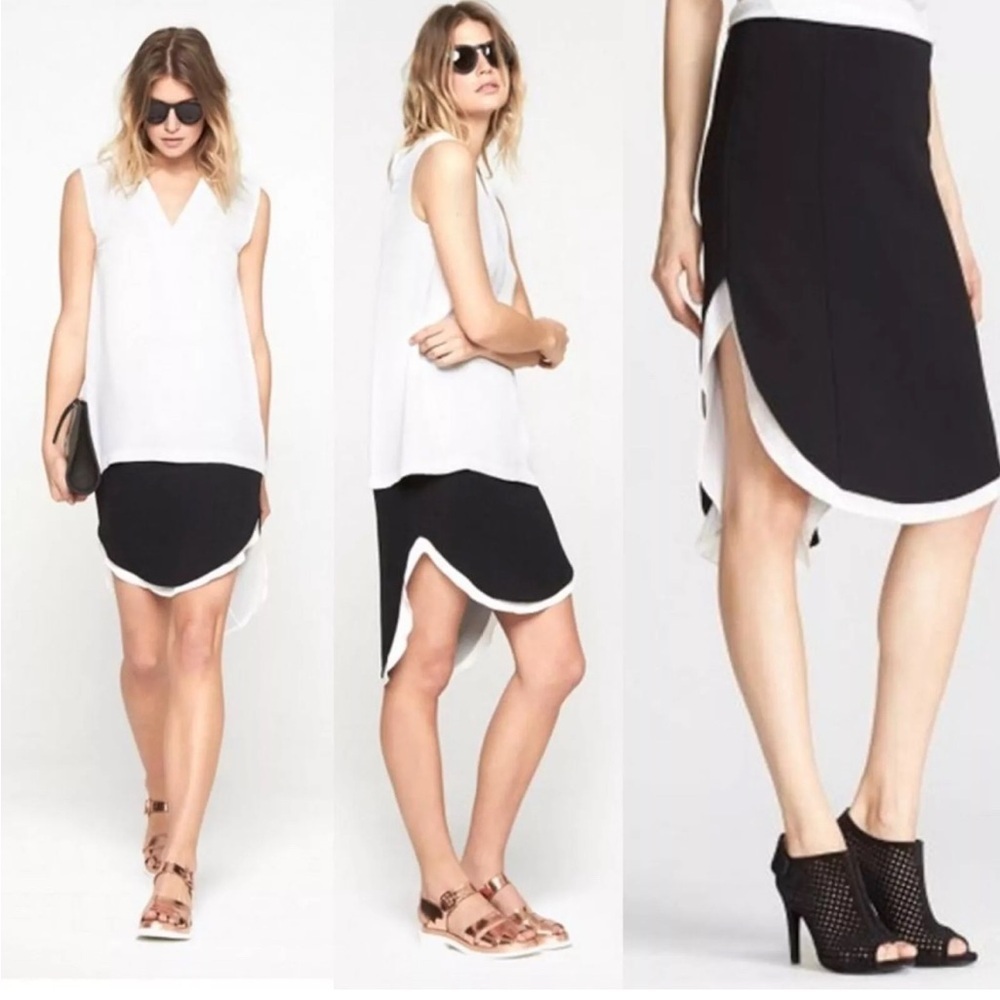 Rag & Bone Ashlee Curved High Low Hem Short Skirt Black/White Size 0 Silk Blend